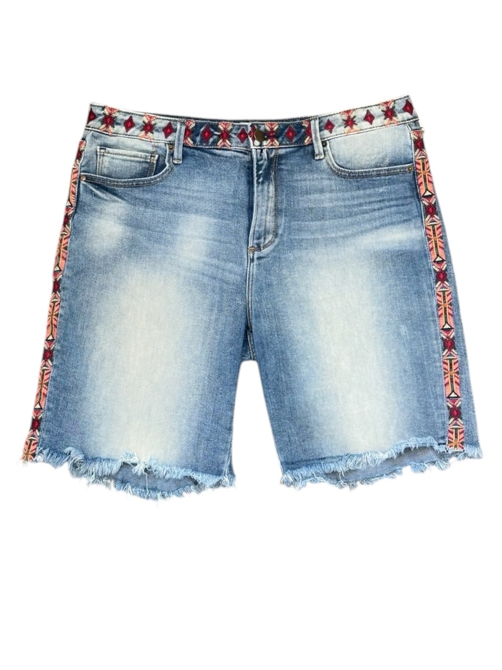 Driftwood Lulu Bermuda Jean Shorts Blue Stretch Denim Tribal Embroidered Sz W30